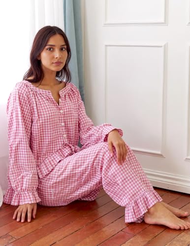 Womens Gingham 2 Piece Pajama Set Cute Cotton Puff Long Sleeve Babydoll Shirt and Ruffle Plaid Pant Pj Lounge Set4