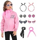 1950s Pink Satin Jacket Grease Costume Ladies Girls Halloween Costumes Kids 50s Cosplay with 10Pcs Accessories Polka Dot Neck Scarfs Headband Earrings Glasses KF001S