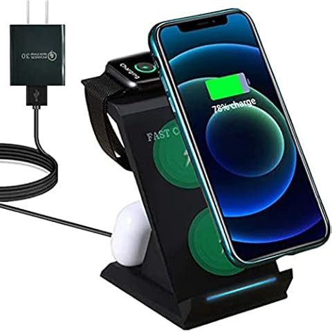 3 in 1 Wireless Chargers Wireless Charging Station Qi Fast 15W Wireless Charger Stand Dock Compatible with iWatch SE/6/5/4/3/2 AirPods Pro/2 iPhone 12/11/X/XS/XR/8 Cover