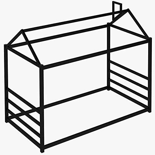 MOEO-Twin-Size-Metal-House-Platform-Bed-Floor-Steel-Bedframe-with-Roof-for-Kids-Teens-Adults-Chimney-Design-No-Box-Spring-Need-Black
