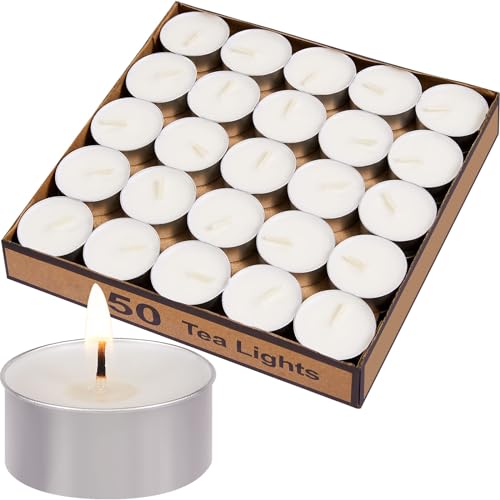 Tea Lights Candles Bulk - 50 Pack, 4.5+ Hours Fully Burns Tealight Candles Unscented Smokeless Bright Flame Palm Tealights for Home, Christmas,Sabbath, Weddings & Halloween Decor, White
