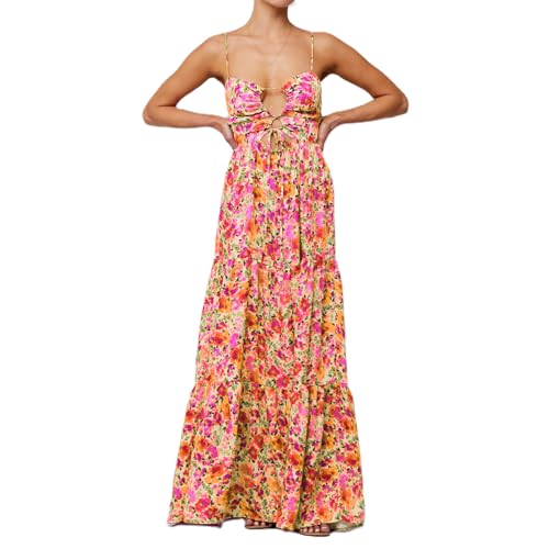 Image of Womens Vintage Floral Long Dress Y2k Spaghetti Strap Tie Back Hollow Out Maxi Dress Summer Beach Party Sundress