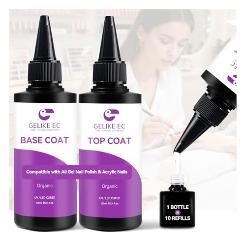 gelike ec Base Gel Top Coat Set: 2x100ml Hema Free Great Value Refill for Nail Techs Manicure Salon Store Compatible with All Gel Nail Polish & Acrylic Nails