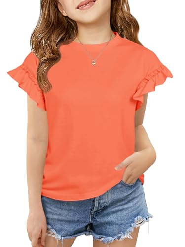 Image of Haloumoning Girls Ruffle Short Sleeve T Shirts Crewneck Tops 5-14 Years | Summer, Cute Tees Blouse, Casual, Solid Color, Loose Fit