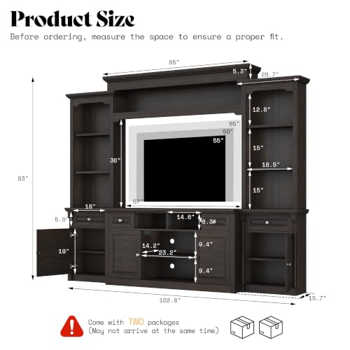 Image of AMERLIFE 102.8 inch Wall Unit TV Stand with Cabinet & Storage, Large Entertainment Center for TVs up to 65, Media Console with Bookshelves, Adjustable Shelf for Living Room, Dark Walnut