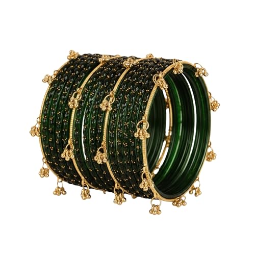 Image of Kashmiri Ghangharoo Glass Bangle Set for Women| Light Weight Bangles | Traditional Transparent Fancy Glass Chudi Set for Wedding, Party|Set Of 16(12 Glass + 4 ghungroo bangles)