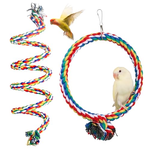 WIYETY Lot de 2 cordes d'escalade pour oiseaux : 150 cm - Corde spirale colorée en coton - Diamètre 18 cm - Jouet circulaire pour perroquet, balançoire,...
