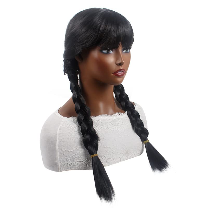 Image of QUEENTAS Braided Black Pigtail Wig for Women Gothic Long Black Braids Wigs with Bangs Cosplay Halloween Costume Wig