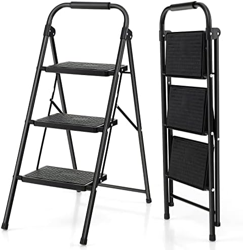 COSTWAY 3 Step Ladder, Folding Anti Slip Stepladder With Extra Wide