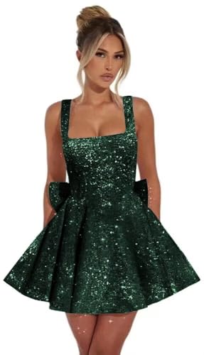 Sparkly Sequin Short Homecoming Dresses for Teens 2025 A Line Square Neck Mini Prom Cocktail Party Gown with Bow