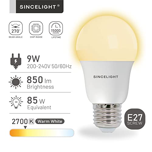SINCELIGHT E27 LED Light Bulbs 9W, 850 Lumens, 85W Equivalent, Warm White 2700K, Edison Screw ES, GLS Energy Saving, Pack of 6 - Image 2
