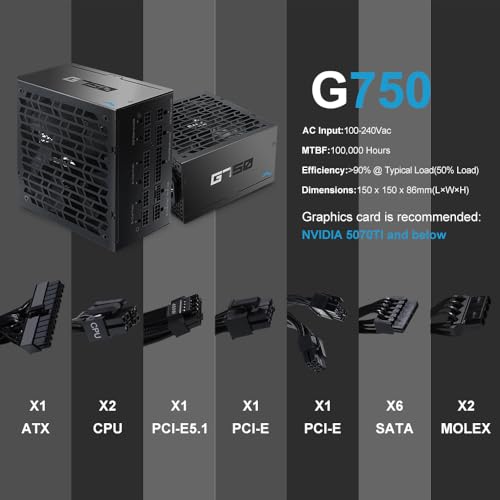 Image of SAMA G750 750W Gold ATX 3.1 PCIe 5.1 Fully Modular Power Supply, Black