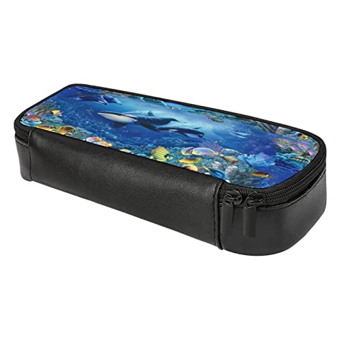 Kamuff Deep Sea Pu Leather Quad Pen Case Zipper Pencil Pouch Holder For Pens Case Office Storage Box Organizer Pen Bag(8×1.5×3.5 In) #TOP5