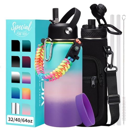 VICKNIY 32 40/64/128 oz Flask Water Bottles Insulated - with Straw Auto Spout Lid, Water Bottle Stainless Steel Keep Cold 48H Hot 24H, Metal Water Bottle with Strap, Paracord Handle, Protective Boot
