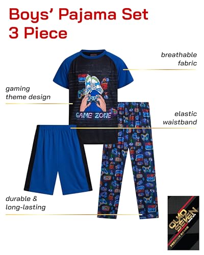 Quad Seven Boys Pajamas Set - 3 Piece Short Sleeve Sleep Shirt Pull On Lounge Shorts and Boys Pajama Pants for Kids (8-18)2