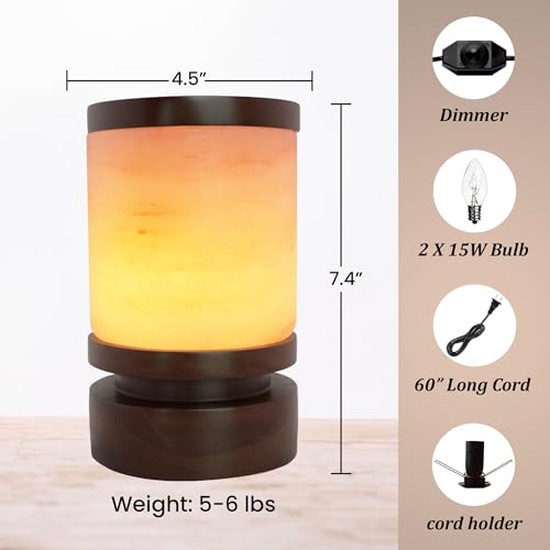 POHS Himalayan Pink Salt Round Lamp with Premium Brown Polished Wooden Base, 60'' Long Dimmer Switch Cord and Two Light Bulbs; Hand Crafted,for Home, Office and Gift for Christmas by POHS - Image 2