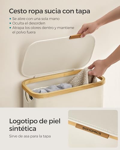Miniatura 4 de Songmics Cesto De Ropa Sucia Con Tapa, Cesta Ropa Sucia Delgada, 65 L, Ahorra Espacio, Forro De Malla Extraíble, Tejido Oxford, Asas Bambú, Plegable, 42 X 22,5 X 70,5 Cm, Blanco Crema Lcb506w01