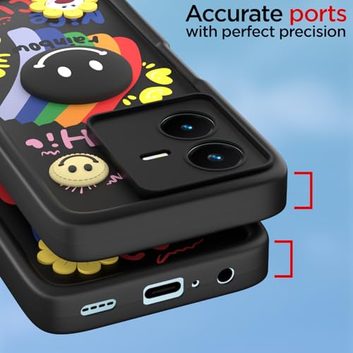 Image of Pikkme Back Cover for Vivo Y22 | Soft Silicone| Cute Rainbow Smile & 3D Cartoon Flower Design | Shockproof Raised Camera Protection Bumper Case (Black)