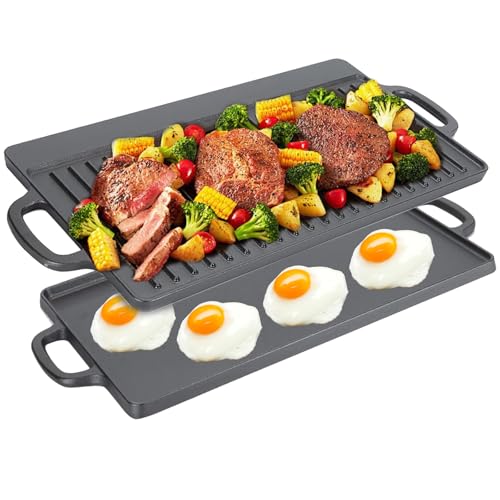 Non Stick Griddle Pan, Cast Iron Grill Griddle Pan Ridged and Flat Double Sided Baking with Handles for Gas Stovetop, Oven and Open Fire