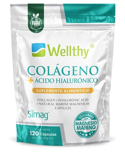 Wellthy Colageno con Magnesio y Acido Hialuronico 120 Capsulas. 100% Natural, Peptidos de Colageno hidrolizado Genu-In, Magnesio Marino Francés SIMAG, VCaps...