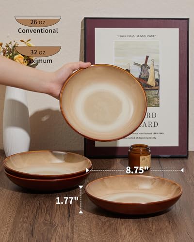 Image of Pokini 16 Piece Double Bowl Plates and Bowls Sets, Ceramic Dinnerware Sets with Pasta Bowls, Dishwasher & Microwave Safe Dish Set, Scratch Resistant Stoneware Plate Set, Service for 4 Brown Yellow