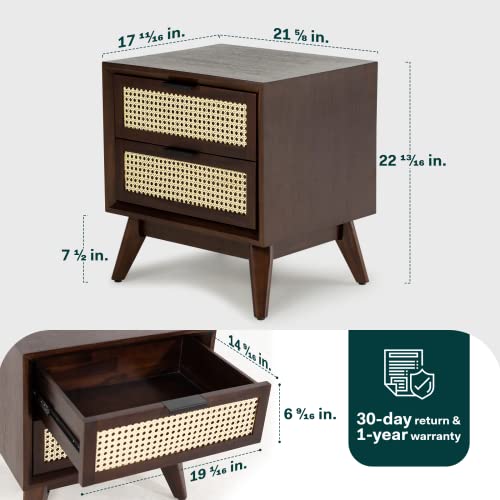 Bme Jasper Deluxe Solid Wood Rattan Nightstand Fully Assembled - Mid Century Modern Side Table, Nightstands With 2 Drawers - Multipurpose Use For Living Room, Bedroom - Walnut #TOP3