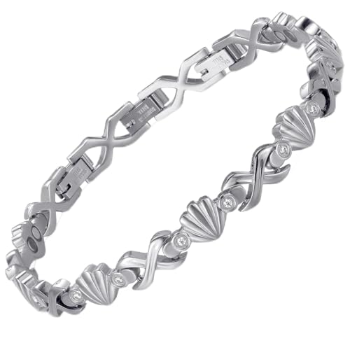 Pulsera magnética para mujer de acero con incrustaciones de diamantes y diseño de concha