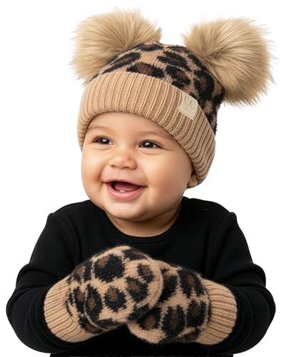 Image of Funky Junque Baby Double Faux Fur Pom Pom Beanie & Mittens Set – Newborn Infant 0–9 Months Winter Hat with Soft Lined Mittens
