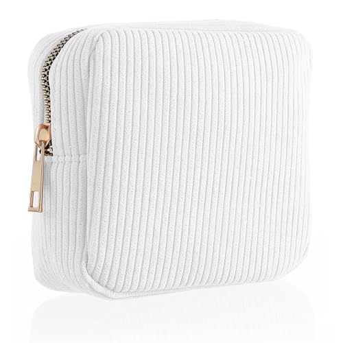 Image of Xinjoduz 1 PCS Menstrual Bags for Teen Girls, Mini Corduroy Travel Period Bag for Sanitary Napkin Storage Portable Makeup Pouch with Zipper Feminine Pad Bags Tampon Holder for Women Purse(White)