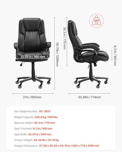 Image of VEVOR Executive Office Chair with Knob-Control Lumbar Support, 500lb Capacity Office Chair, Heavy Duty Ergonomic Chair, Height Adjustable PU Leather Reclining Home Office Desk Chairs, Black