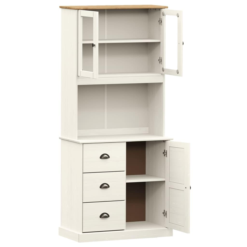 Tablero alto de madera maciza de pino con frentes de cristal y asas de metal. Elegante buffet de cocina con espacio para vajilla y decoración de madera de pino resistente