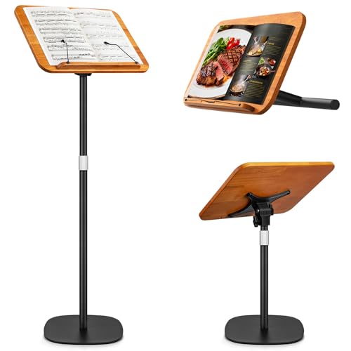 2 in 1 Dual-use Music Stand & Desktop Book Stand, Adjustable Height 16.5\"-51\", 100% Solid Wood Laptop Floor Stand Book Holder with Page Clips for Cookbooks, Sheet Music (Brown)
