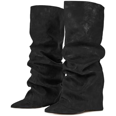 Roimaash Vintage Block High Heels Fold Over Boots For Women Wide Calf Pull-On Shark Boots Pointy Pleated Boots Party Heels Boots Black Size 35 Cover