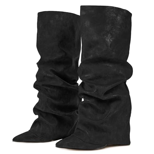 Ceciloroda Fold Over Boots Slouch Block Heels Dressy Knee Boots For Women Shark Boots Pointed Toe Wide Calf Pull on Pleated Fall Shoes Black Size 41
