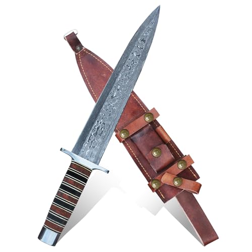 Real Steel Craft Damascus Steel Dagger, Arkansas Toothpick Knife with Damascus Blade, Rain Drop Pattern, Leather Sheath