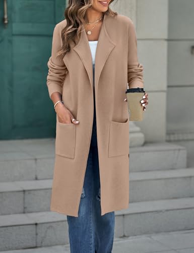MEROKEETY Women's Open Front Coatigan Sweater Long Sleeve Casual Knit Lapel Cardigan Coat with Pockets4