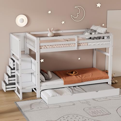 Merax Bunk Kids, 3FT Toddler Frames with Ladder, Bed with Triple Sleeper, Staircase Design with 4 Drawers, Abundant Storage Space, Solid Pine Wood, White with Trundle, Twin
