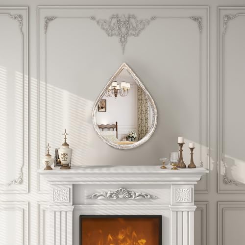 Small Decorative Teardrop Mirror - Rustic White Wood Frame - Farmhouse Hanging Mirror for Wall, Bathroom, Living Room, Entryway, Hallway - Image 3