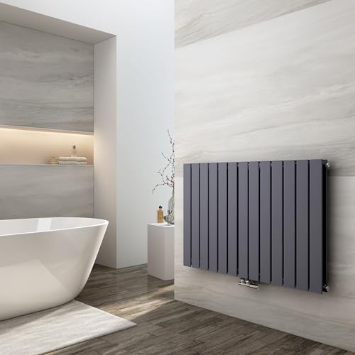 EMKE Design Heizkörper Flach, 630x1006 mm Horizontal Flachheizkörper mit Seitenanschluss, Doppellagig Anthrazit Paneelheizkörper Wandheizkörper für Bad, Schlafzimmer & Wohnzimmer, 210W