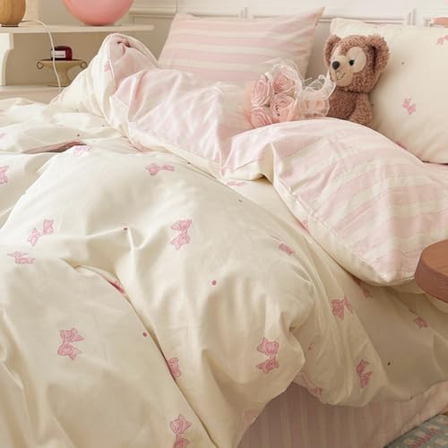 Image of Nayoroom Pink Bow Polka Dot Duvet Cover Queen Reversible Striped Bedding