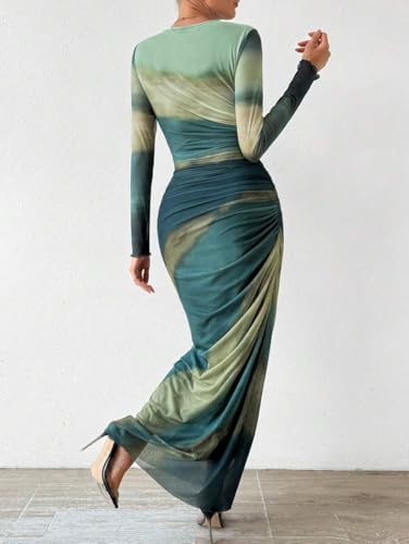 Image of LIGHT DOT Women's Printed Bodycon Maxi Dress Long Sleeve Tie Dye Mesh Ruched Cocktail Dress