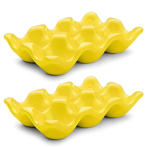 Flexzion Lot de 2 caisses à œufs en porcelaine – Plateau en céramique de 6 capacités, demi-douzaine de supports pour réfrigérateur, présentoir de...