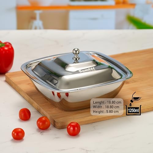 Image of Sumeet Stainless Steel Square Serving Bowl /Curry Bowl /Gravy Pot with lid, 1250ml capacity, 18.8cm Dia, Set of 2 Pcs, Silver