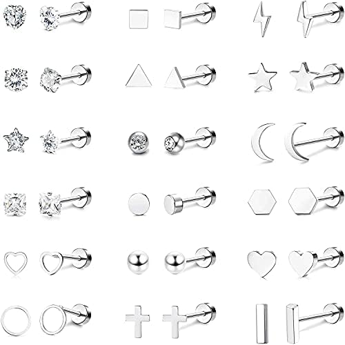 CASSIECA 18Pairs 316L Stainless Steel Star Moon Stud Earrings for Women Men Cute CZ Inlaid Stud Earring Set Cartilage Helix Ear Piercing Set Flat Back Earrings Barbell Earrings for Girls