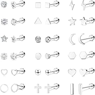 CASSIECA 18Pairs 316L Stainless Steel Star Moon Stud Earrings for Women Men Cute CZ Inlaid Stud Earring Set Cartilage Helix Ear Piercing Set Flat Back Earrings Barbell Earrings for Girls