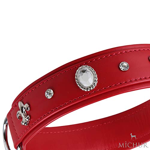 MICHUR Julieta Collar de Cuero para Perros, Collar de Cuero para Perros, Collar, Rojo, Cuero, con Lirios, pedrería y Cristal Grande, Disponible en Diferentes tamaños