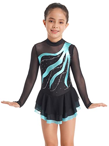 inlzdz Vestido de Patinaje Artístico para Niñas Manga Larga Maillot con Falda Tul Vestido Brillante de Danza Ballet Leotardo Gimnasia Disfraz de Baile A Lago Verde 7-8 años Cover