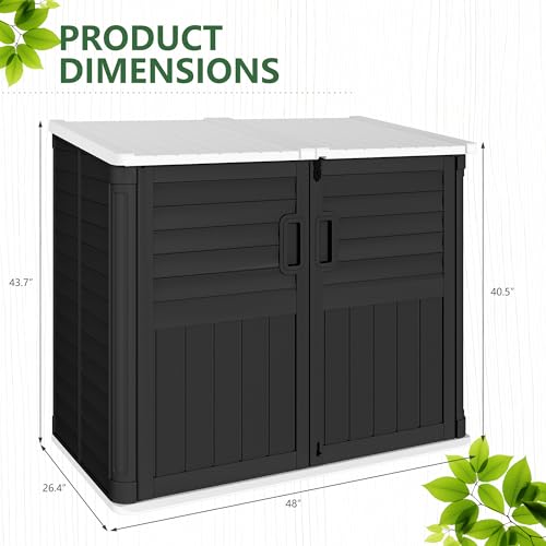Image of Greesum Outdoor Trash Can Storage Shed, 34 Cu.ft Waterproof Horizontal Storage Shed, Portable Horizontal Resin Storage Shed for Garden, Backyard, Patio, Dark Black