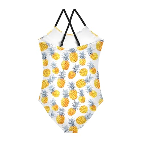 senya Girls Swimsuits One-Piece Swimwear Tie Bathing Suit Beach Summer Round Neck 9-10T White Background Pineapples Pattern2