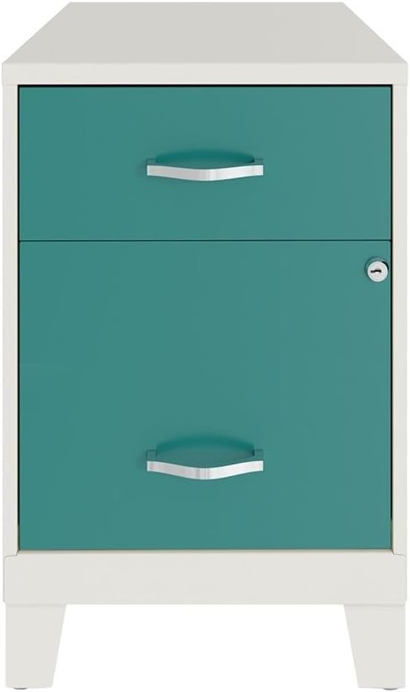 BOWERY HILL 18" D 2 Drawer Metal Vertical File Cabinet with Legs, White and Teal Finish, Locking Letter Size File Drawer, Accessory Storage, Durable Steel Construction for Home or Office Use